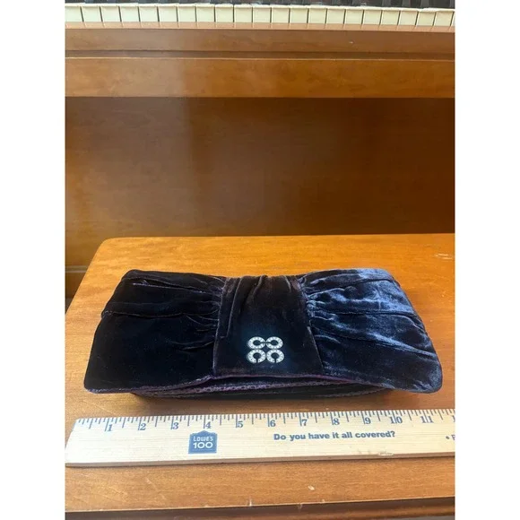 Coach Velvet Pleated Clutch Wristlet Black Purple Satin Snap Closure Evening Bag - Picture 12 of 14